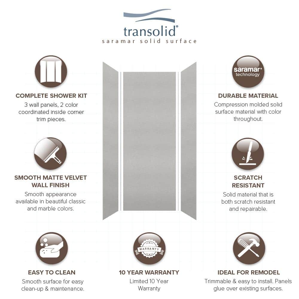 Transolid Saramar 36 in. W x 96 in. H x 36 in. D 3-Piece Glue to Wall Alcove Shower Wall Kit in Grey Beach Velvet (3)