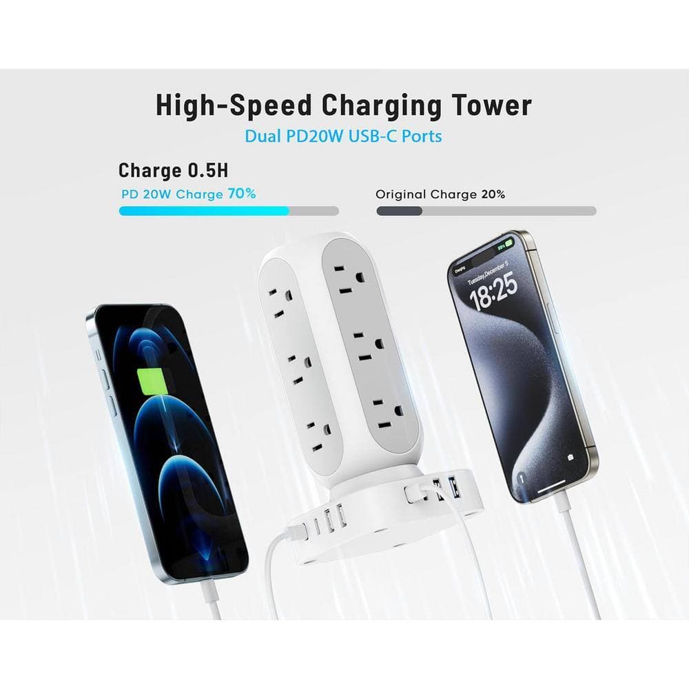 Lukyamzn 12-Outlet Flat Plug Power Strip Tower Surge Protector Tower with 8 USB Ports and 10 ft. Extension Cord in White (2)