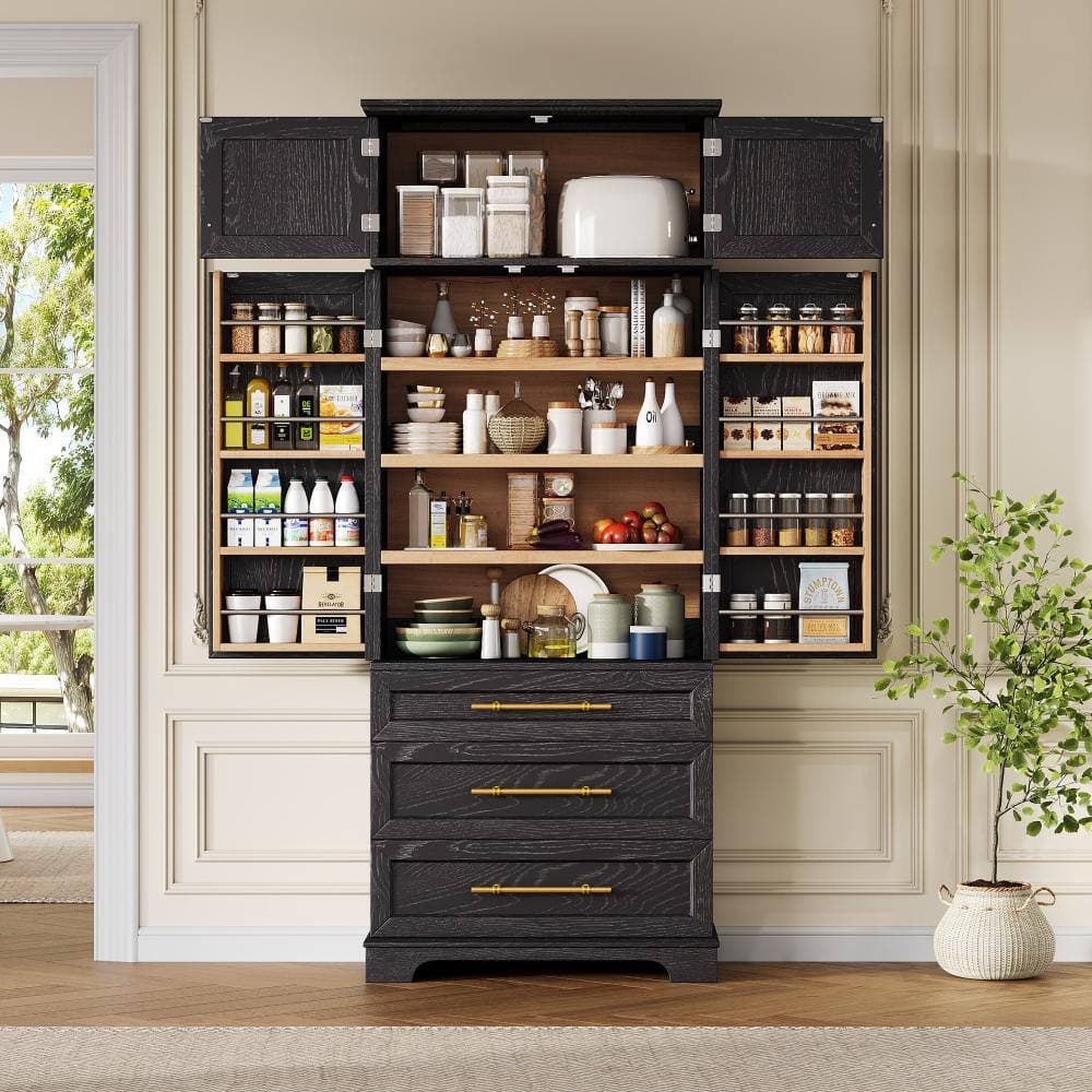 COWLOWN 31.5 in. W x 15.75 in. D x 78.2 in. H Black Linen Cabinet with 8 Door Shelves, 3 Adjustable Shelves, 3 Large Drawers (2)