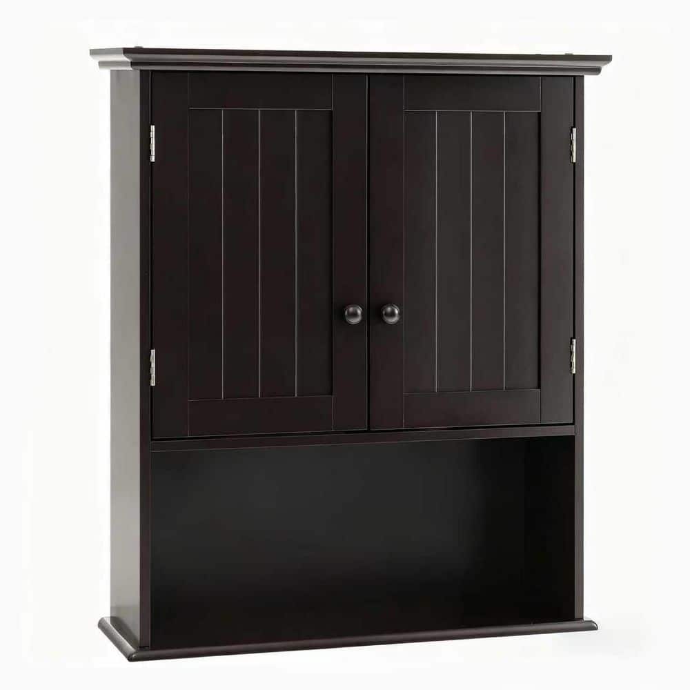 ANGELES HOME 23.5 in. W x 8 in. D x 28 in. H 2-Door Bathroom Storage Wall Cabinet in Espresso with Open Shelf (1)