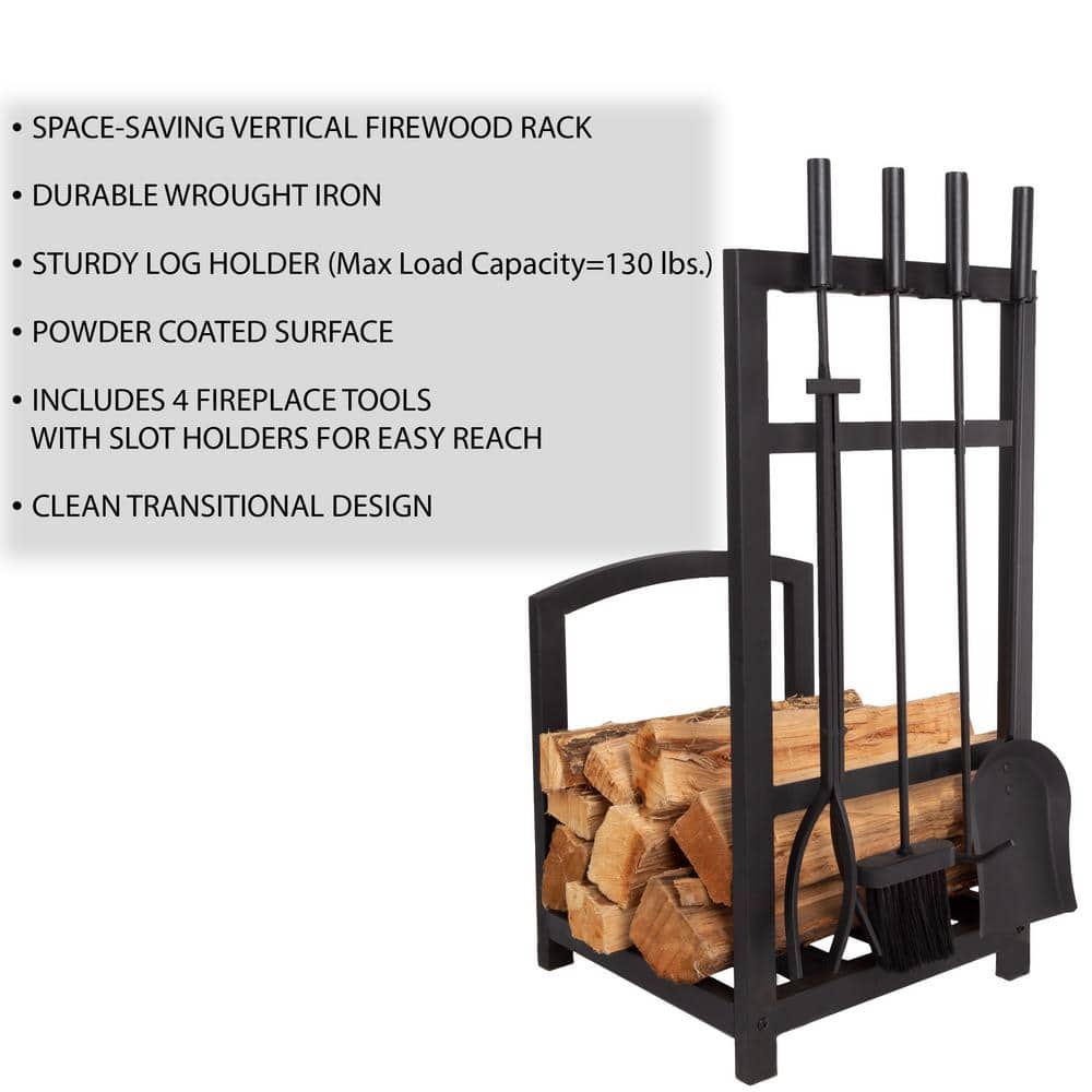 Lavish Home Fireplace Tool Set and Log Rack - 5-Piece Set (Matte Black) (2)