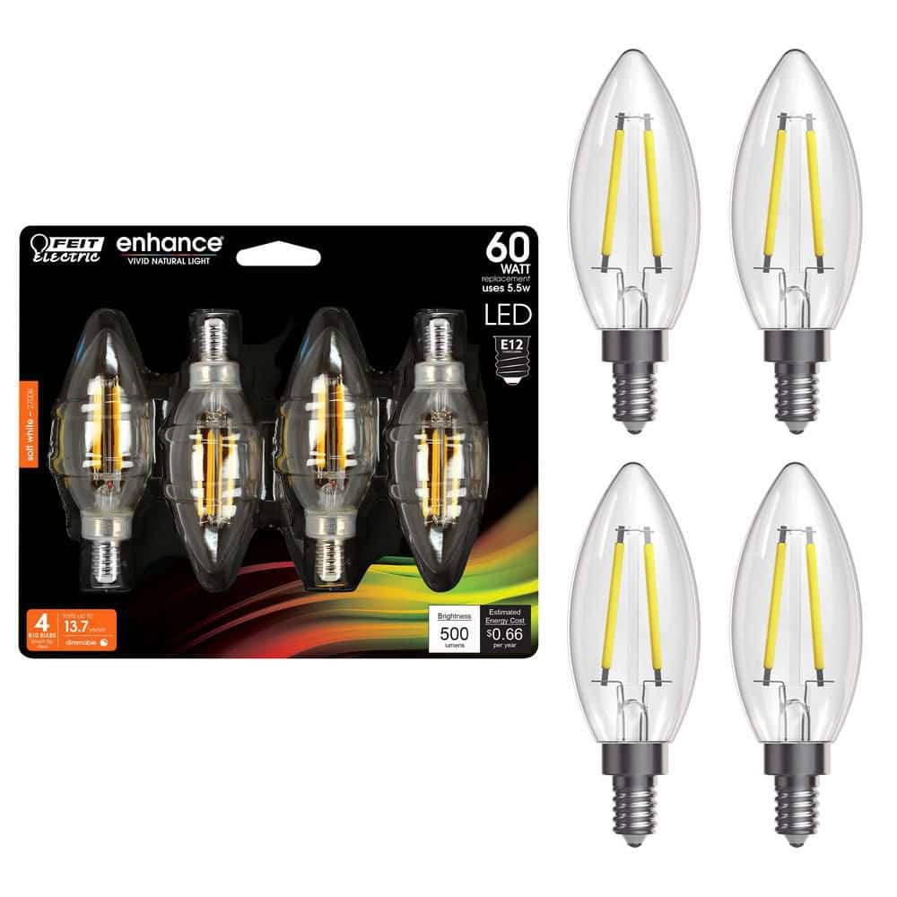 Feit Electric 60-Watt Equivalent B10 E12 Candelabra Dimmable Filament CEC Clear Glass Chandelier LED Light Bulb Soft White (4-Pack) (2)