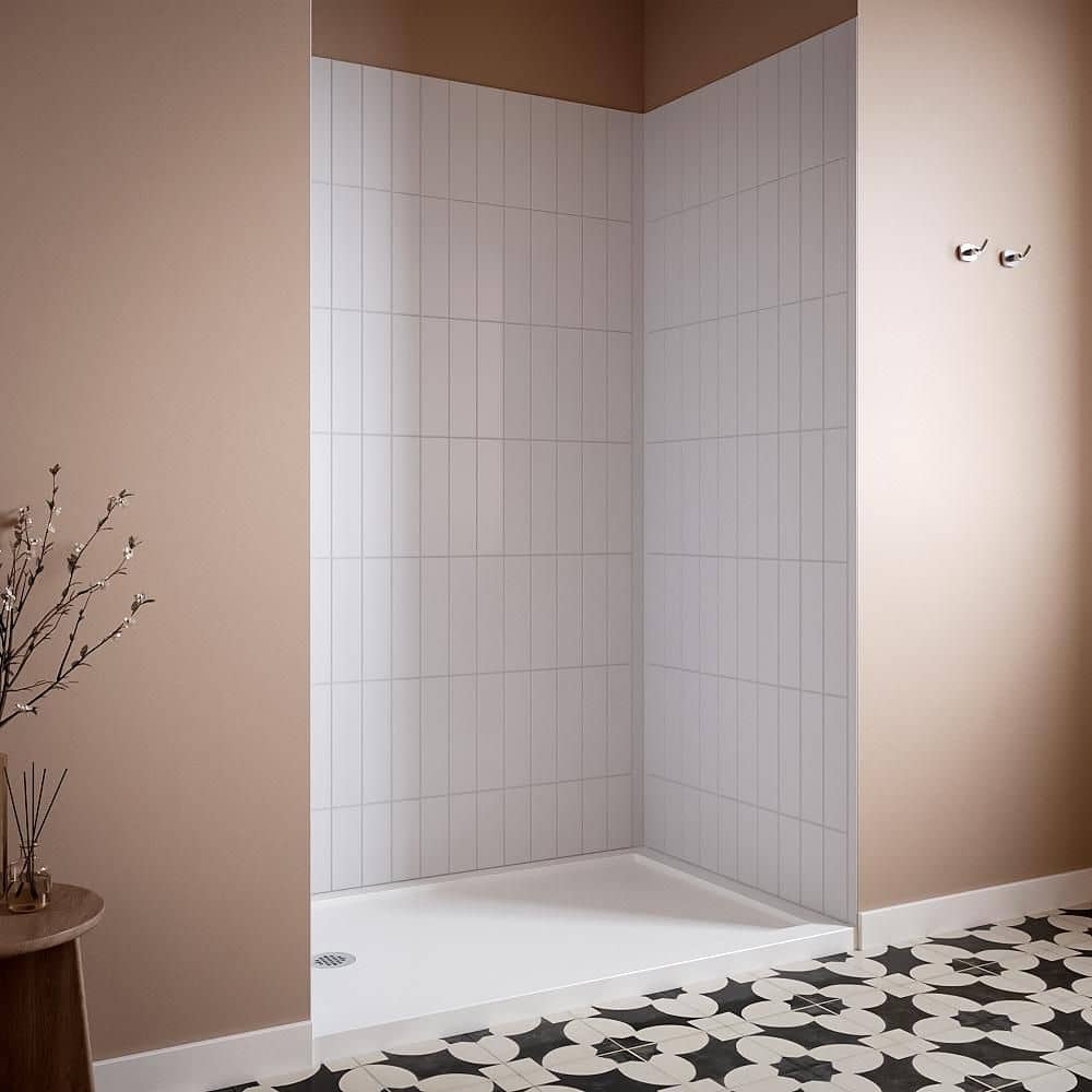 Streamline DSH-1600-172 32 in. L x 48 in. W x 76 in. H 3-Piece Glue-Up Alcove Shower Wall Surround in White Tile Finish (3)