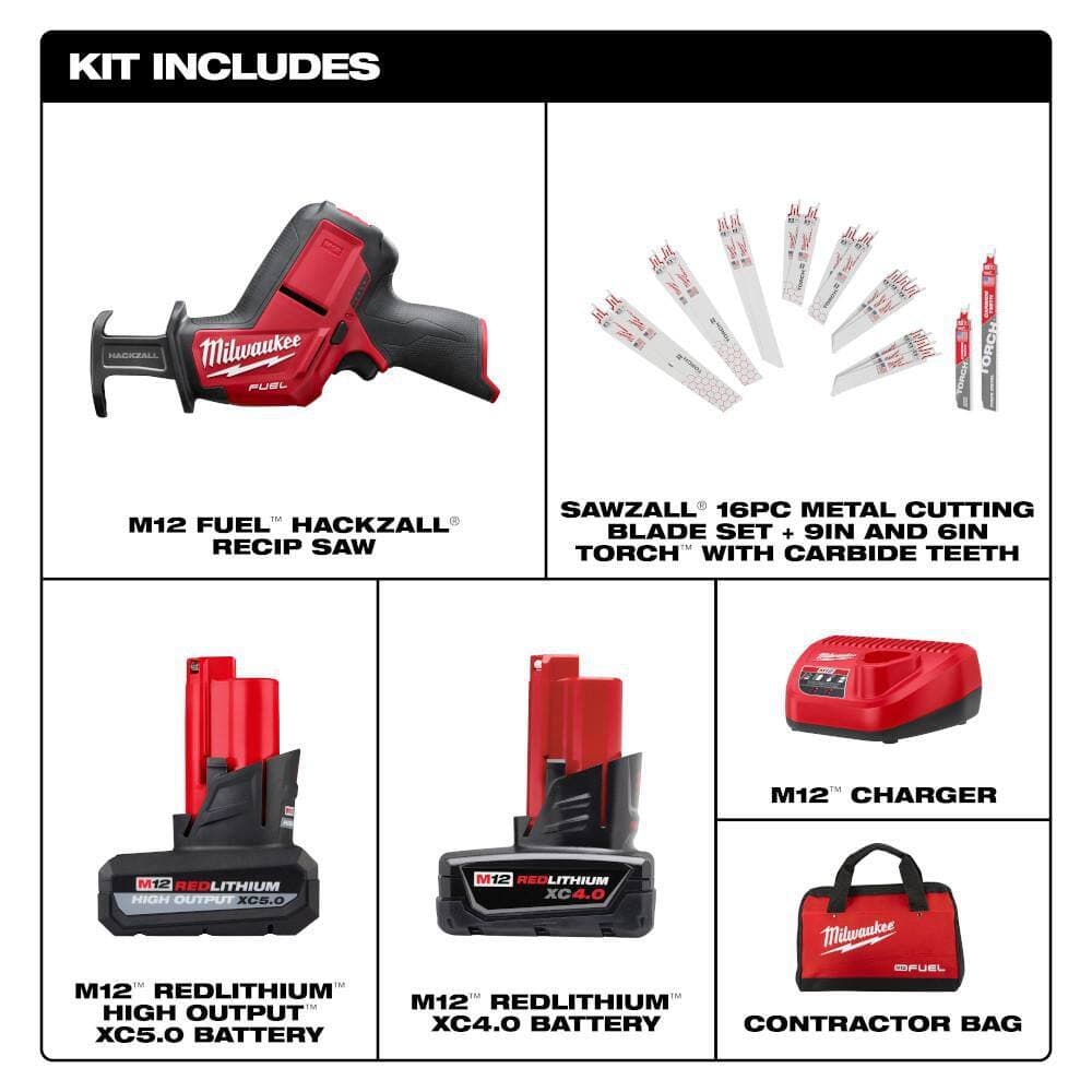 Milwaukee M12 FUEL 12V Li-Ion HACKZALL Kit w/ 5.0Ah XC HO Battery & SAWZALL Blade Set (2)