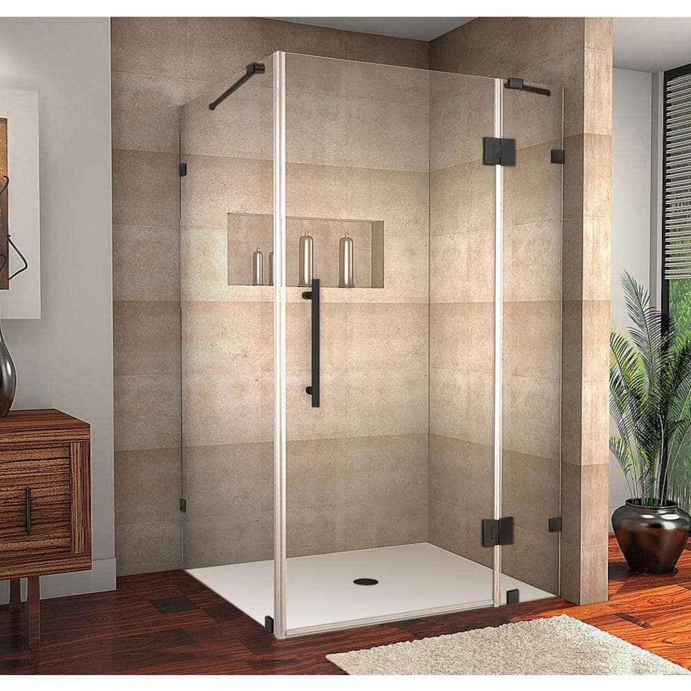 Aston Avalux 46 in. W x 38 in. x 72 in. H Rectangular Pivot Frameless Corner Shower Enclosure in Matte Black with Clear Glass (1)