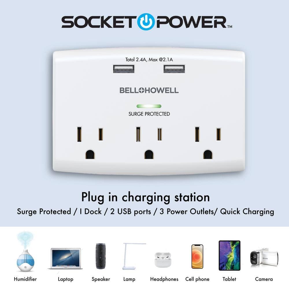 Bell + Howell Socket Power 3 Power-Outlets/2 USB Ports Surge Protection Wall Adapter Tap with Docking Shelf (2)