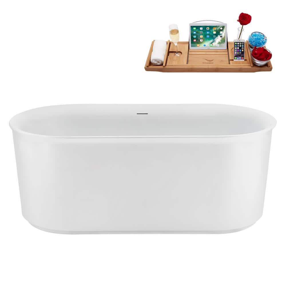 Streamline 59 in. x 28 in. Acrylic Freestanding Soaking Bathtub in Glossy White with Glossy White Drain, Bamboo Tray (2)
