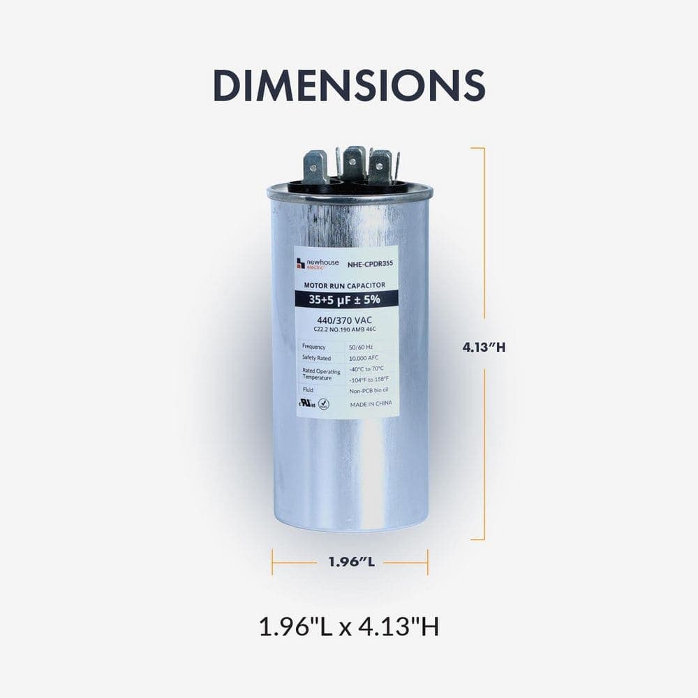 NEWHOUSE ELECTRIC Dual Run Capacitor 35/5 MFD 440/370 VAC for Air Conditioner and Heat Pump Systems, Round, Metal (3)