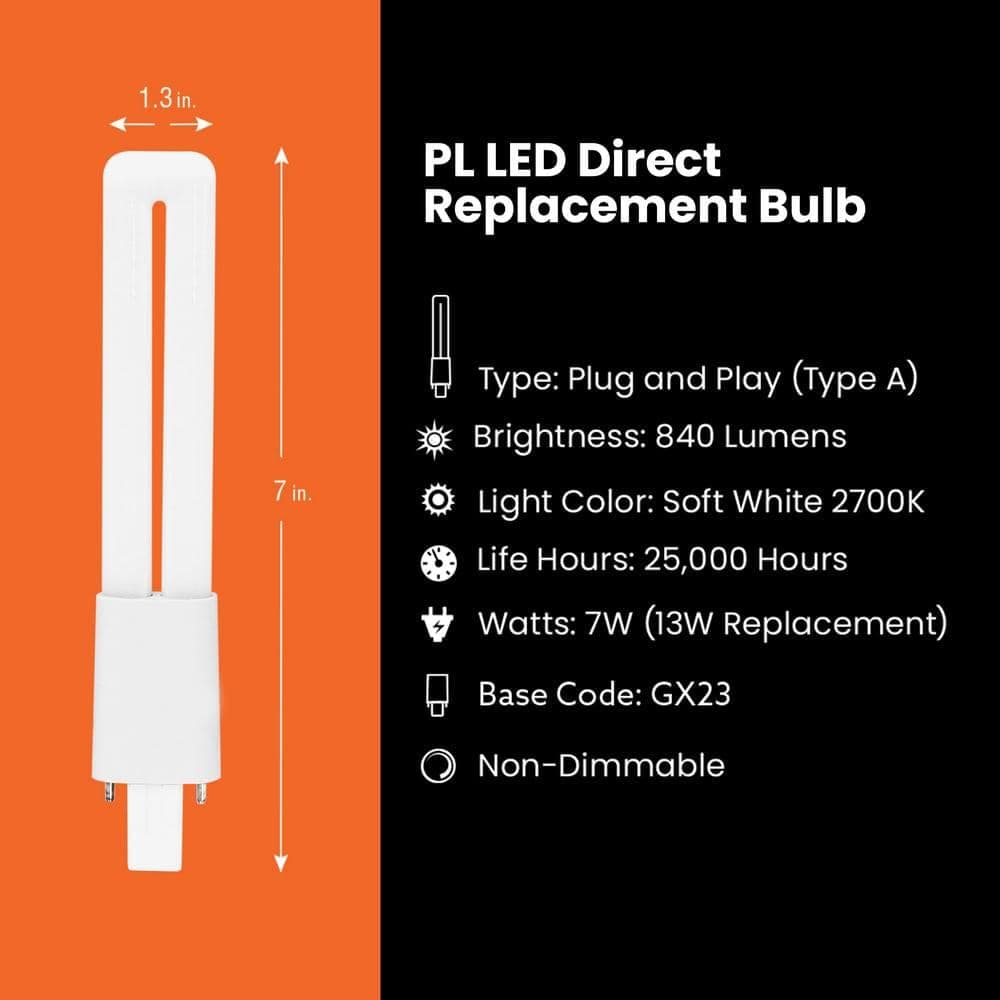 Feit Electric 13-Watt Equivalent PL Twin Tube CFLNI Bi-Pin Plug-In GX23 Base CFL Replacement LED Light Bulb, Soft White 2700K (1-Pack) (4)