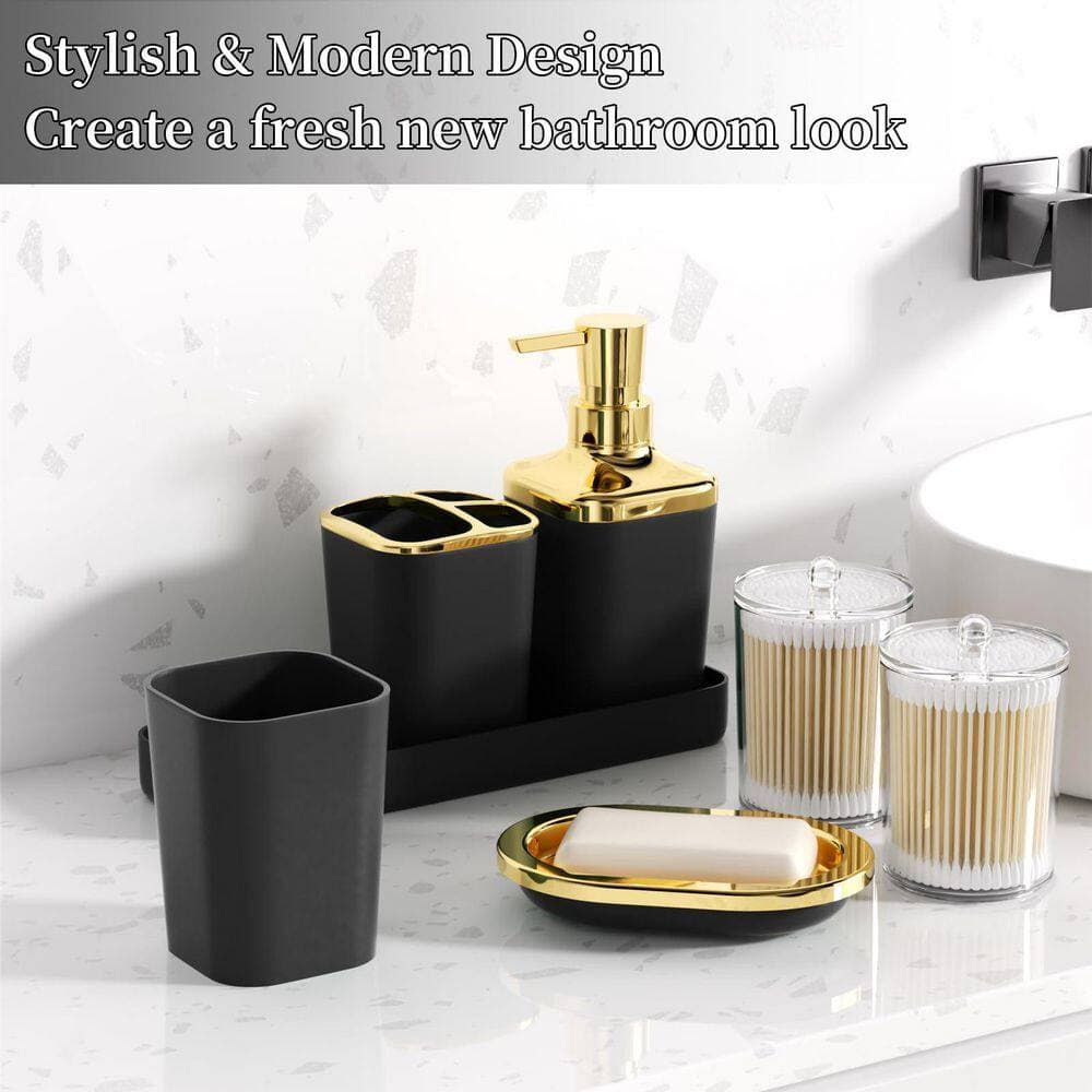 Wudkey Complete 9-Piece Bath Accessory Set with Trash Can, Toilet Brush, Q-tip Holders, Soap Dispenser in Black (3)