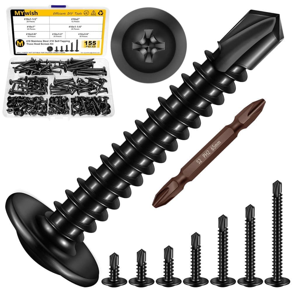 MYWISH 155-Piece #10 Truss Head Selfdrilling Screws Assortment Kit 410-Stainless Steel w/ Black Coating 1/2 in. - 2 in. Lengths