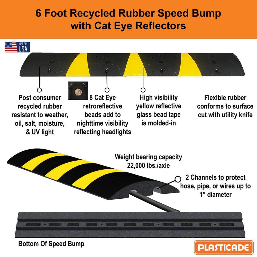 PLASTICADE 72 in. x 12 in. x 2.5 in. Speed Bump with Reflective Stripes and Cat Eyes, 6 ft. for Concrete (3)
