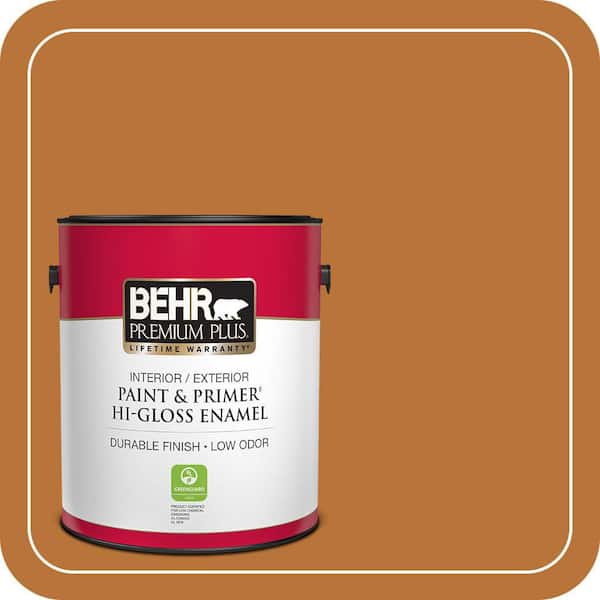 BEHR PREMIUM PLUS 1 gal. #S-H-280 Acorn Spice Hi-Gloss Enamel Interior/Exterior Paint & Primer (2)