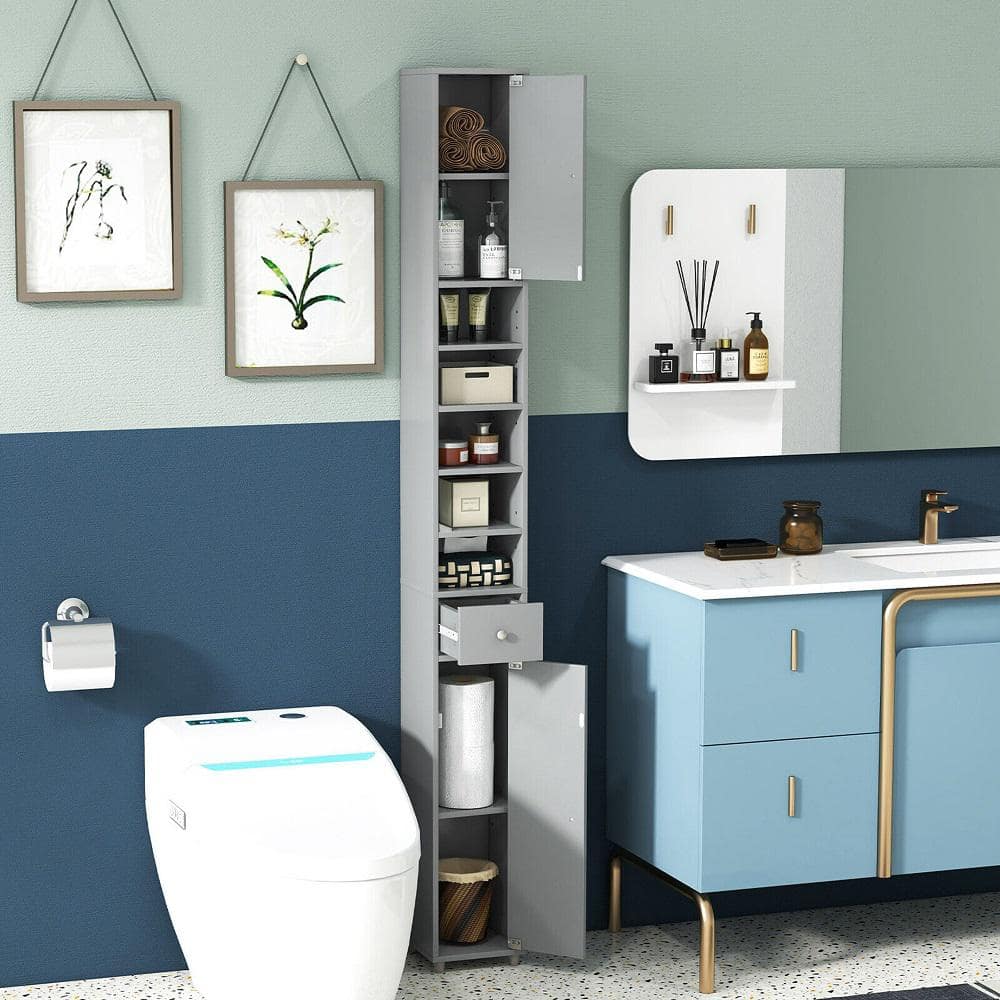Gymax 8 in. W 8 in. D 71 in. H Linen Cabinet Tall Slim Bathroom Storage Cabinet w/Drawer Adjustable Shelves (3)