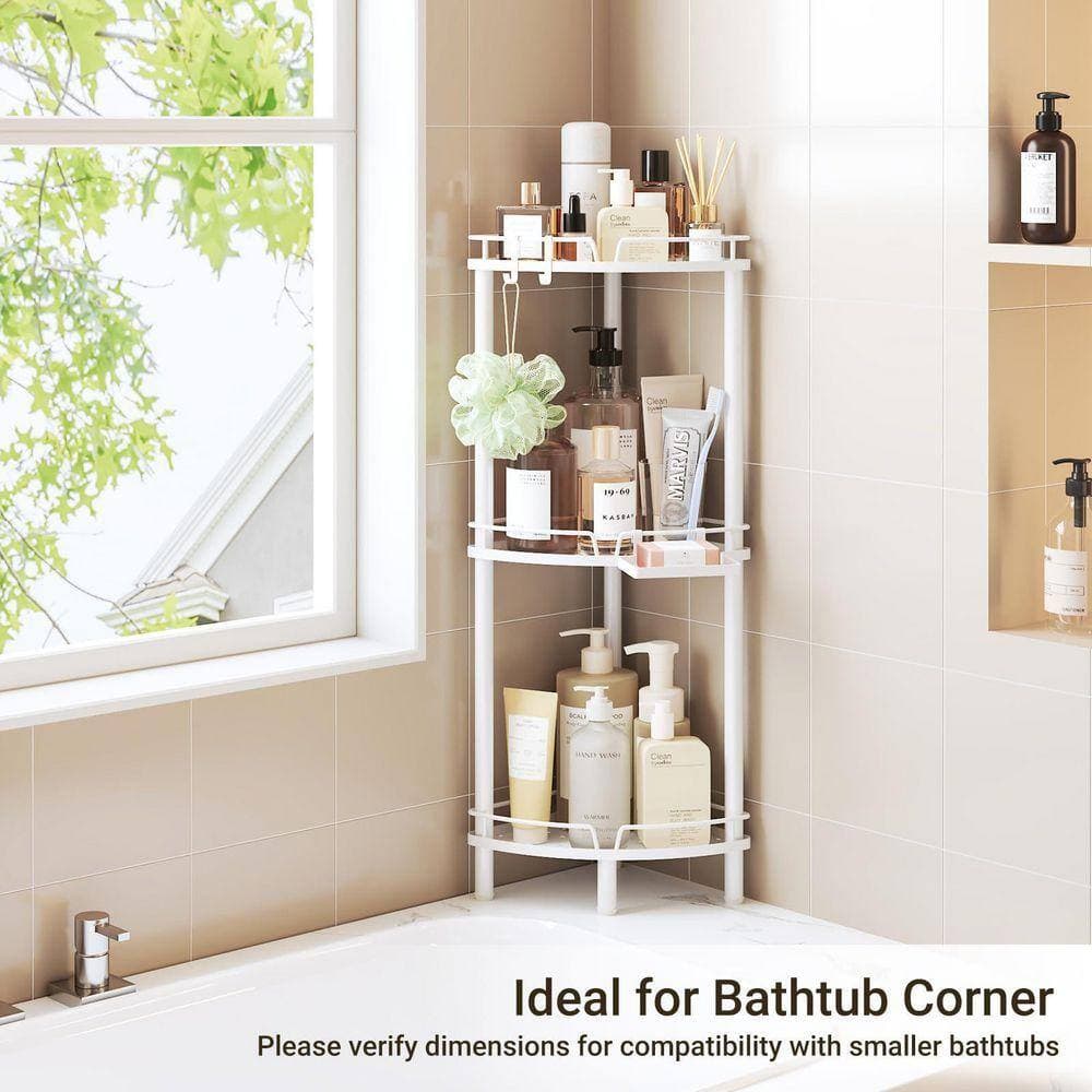 Unbranded 9.6in L 31.5in H Stainless Steel Freestanding Shower Shelf in White Rustproof 3 Tier Organizer with Soap Holder Hooks (3)