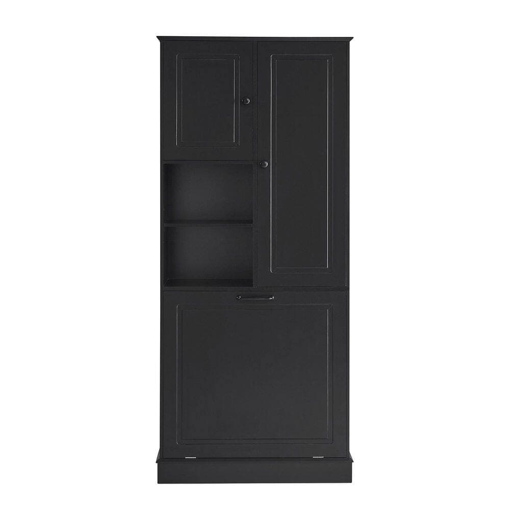 JUJABU 29.9 in. W x 14.2 in. D x 67.7 in. H Black Linen Cabinet with Adjustable Shelves, Large Flip-Out Basket (1)