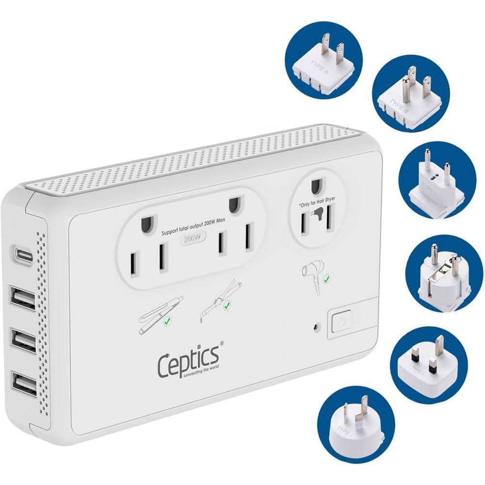 Lukyamzn Travel Adapter Voltage Converter 220-Volt to 110-Volt with 3-Outlets 3 USB-A, 1 USB-C Ports and 6-Types Sockets in White (1)