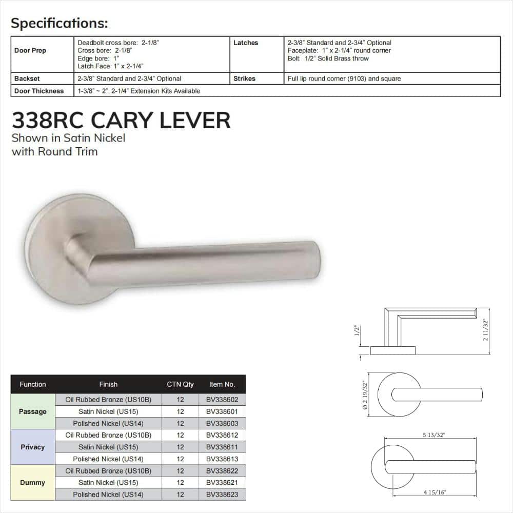 DELANEY HARDWARE Bravura Cary Solid Zinc Single Dummy Door Lever Satin Nickel w/ round trim (2)