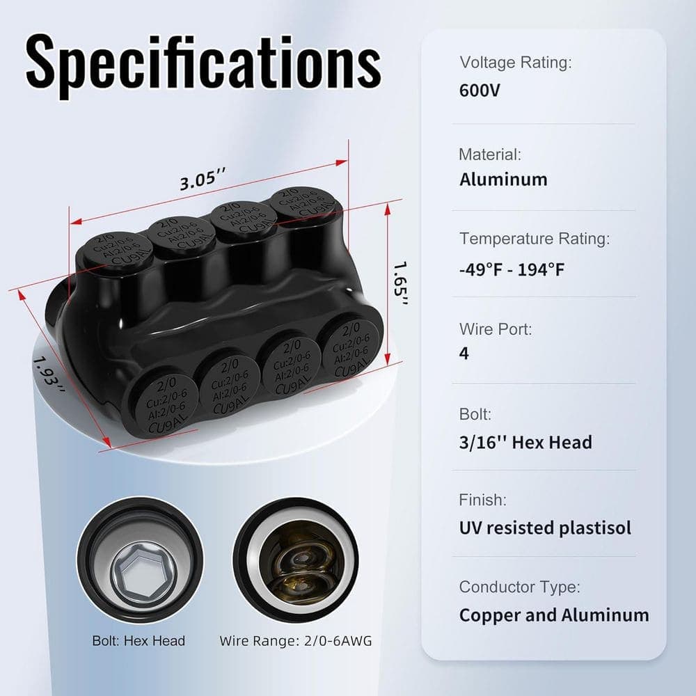 Ahfiwaso 2/0-6AWG Wire Range 4 Port Dual Entry Insulated Splice Multi Tap Connector with 3/16" Allen Hex 600-Volt Rating (6-Pack) (2)