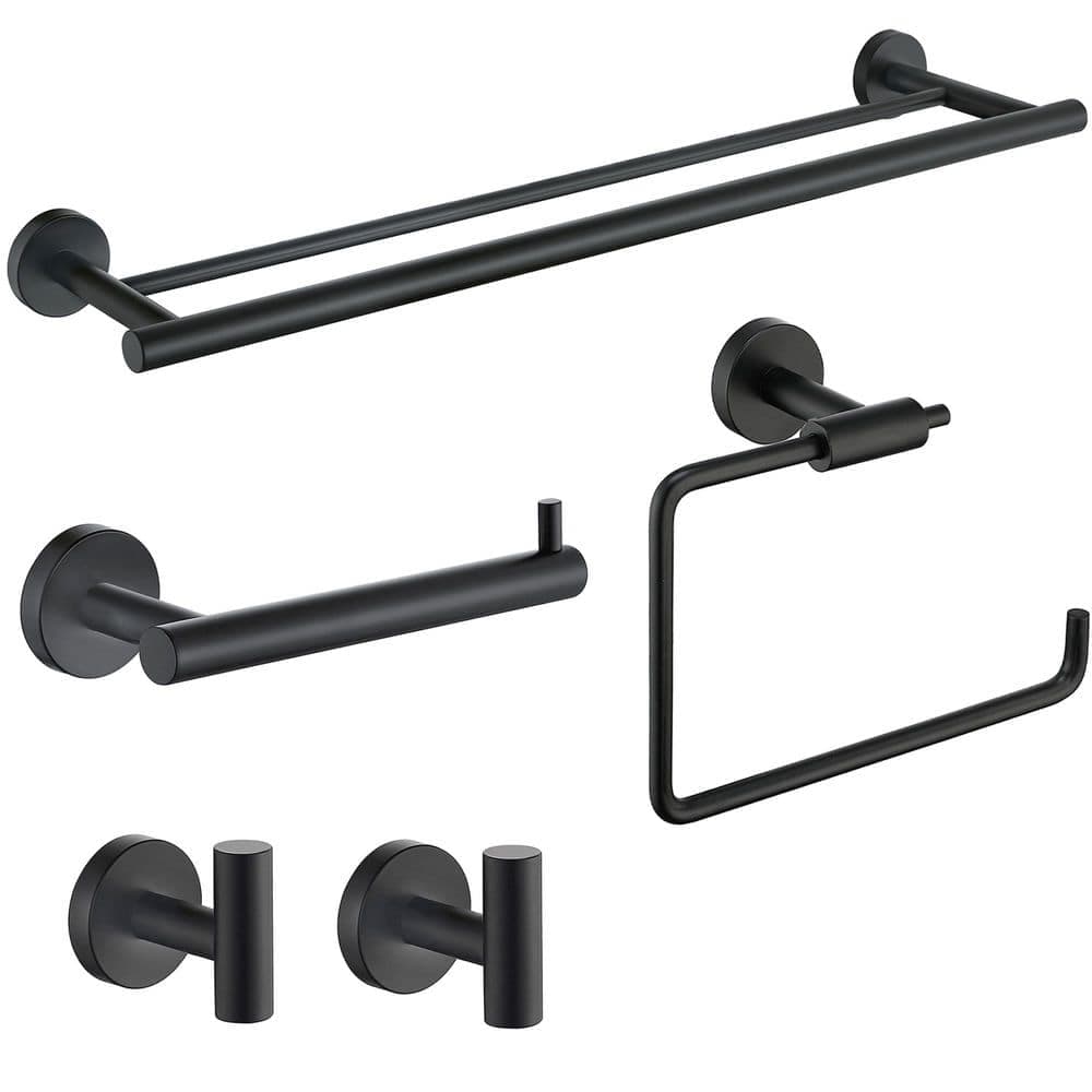 ruiling Porter 5-Piece Bath Hardware Set with 24 in. Towel Bar Towel Ring TP Holder and 2 Towel Hooks in Stainless Matte Black (1)