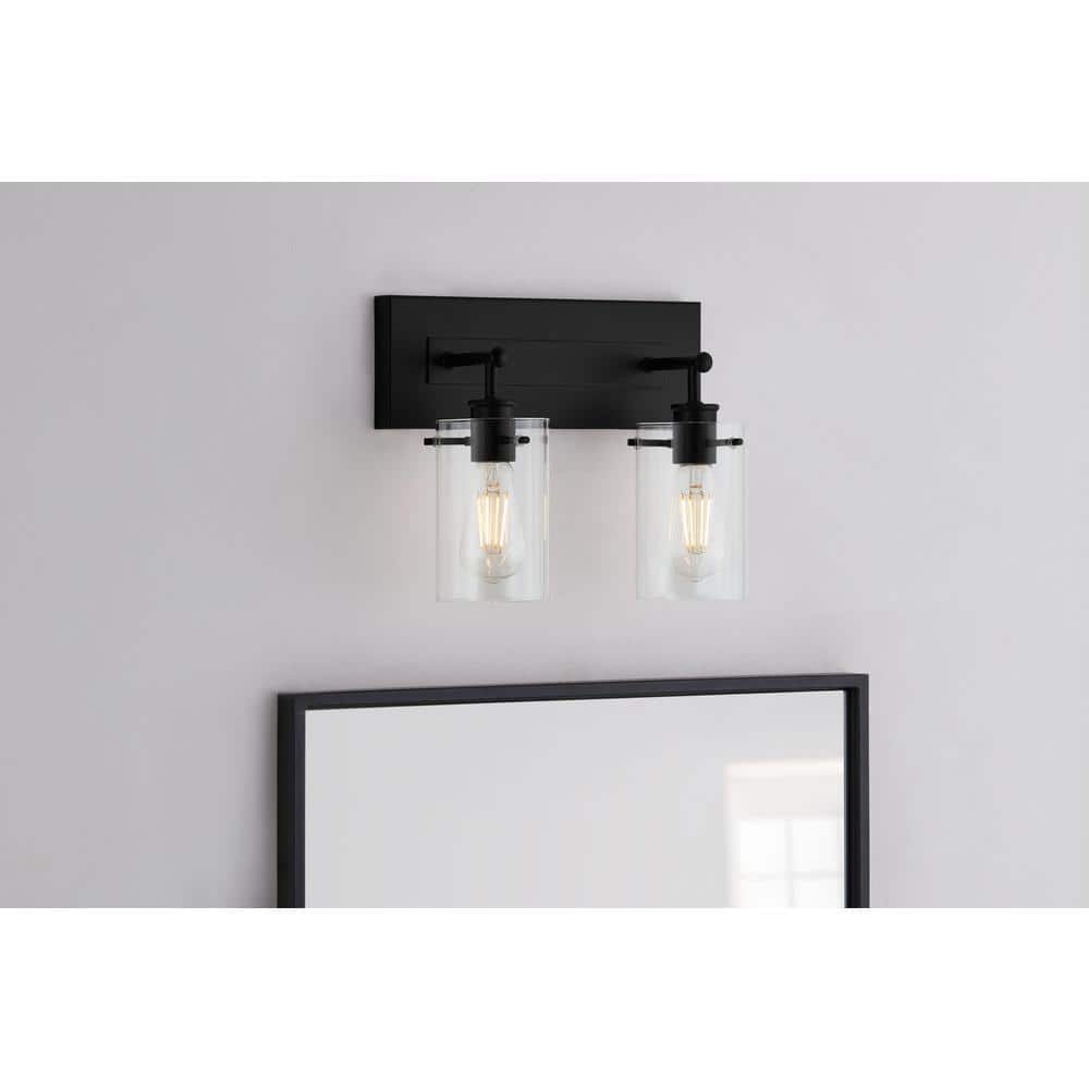 Hampton Bay Regan 12.75 in. 2-Light Matte Black Bathroom Vanity Light with Clear Glass Shades