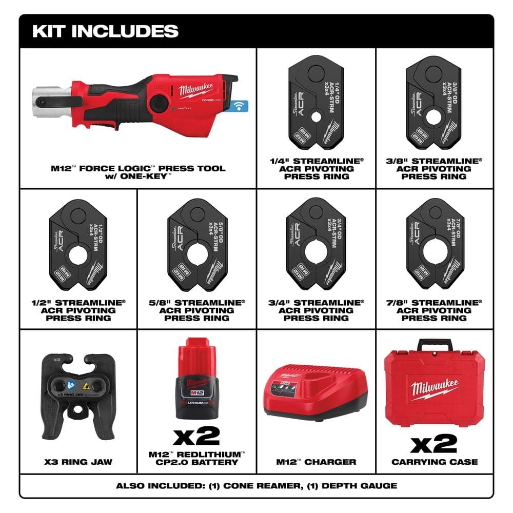 Milwaukee M12 12-Volt Lithium-Ion FORCE LOGIC Press Tool with ONE-KEY and 1/4 in. - 7/8 in. Streamline ACR Pivoting Ring Kit (2)