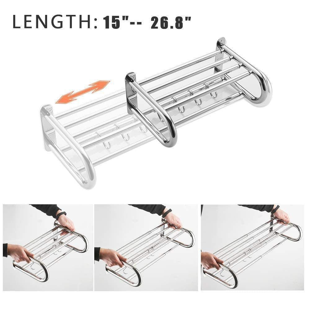 Dracelo Adjustable 15 to 26.8 in. Wall-Mounted Towel Rack with Towel Bar Rod and Hooks in Polished Chrome (3)