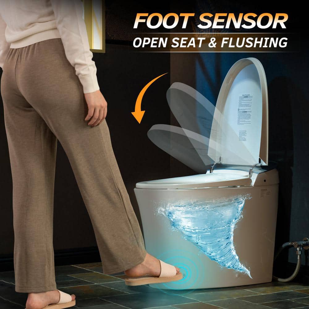 WOODBRIDGE 1-Piece 1.1/1.6 GPF Dual Flush Smart Toilet Bidet White with Auto Open/Close, Foam Shield and Foot Sensor (4)
