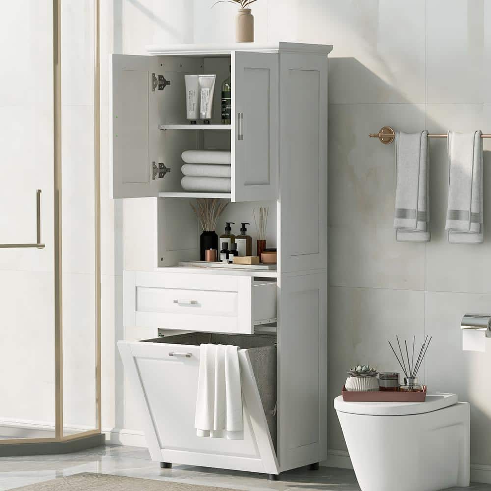 Unbranded 24.72 in. W x 16.29 in. D x 69.92 in. H White Bathroom Linen Cabinet with Laundry Basket and Upper Storage Cabinet (2)