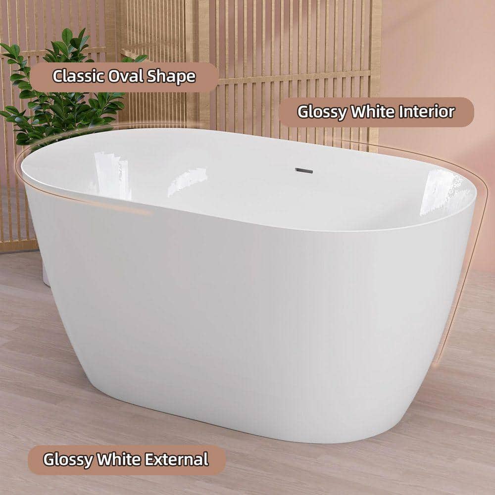 NTQ 47 in. L x 27.5 in. Soaking Bathtub Acrylic Tubs Stand Alone Oval Free Standing Tub Freestanding White (3)