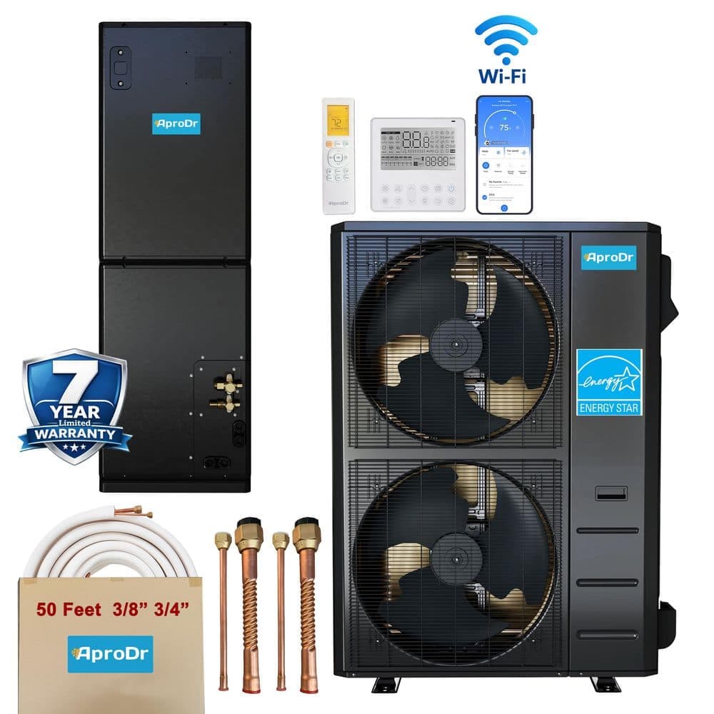 AproDr ENERGY STAR Wi-Fi 5-Ton 17.5 SEER2 60,000 BTU Inverter Ducted Split System Central AC with Heat Pump, 50Ft Lineset
