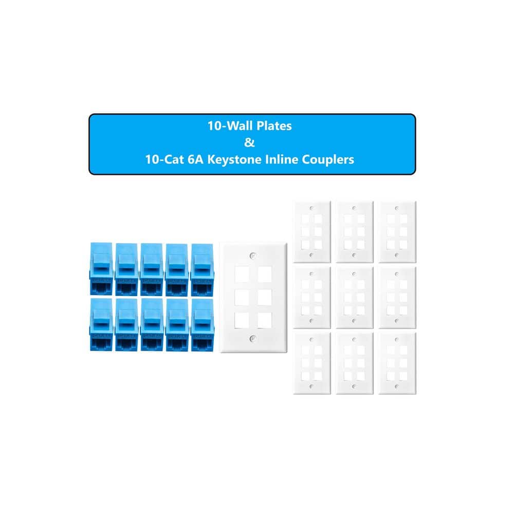 Micro Connectors, Inc 10-Pack 1-Gang White Keystone Plastic Wall Plate 6-Port & 10 Cat 6A RJ45 Keystone Inline Couplers Blue (2)