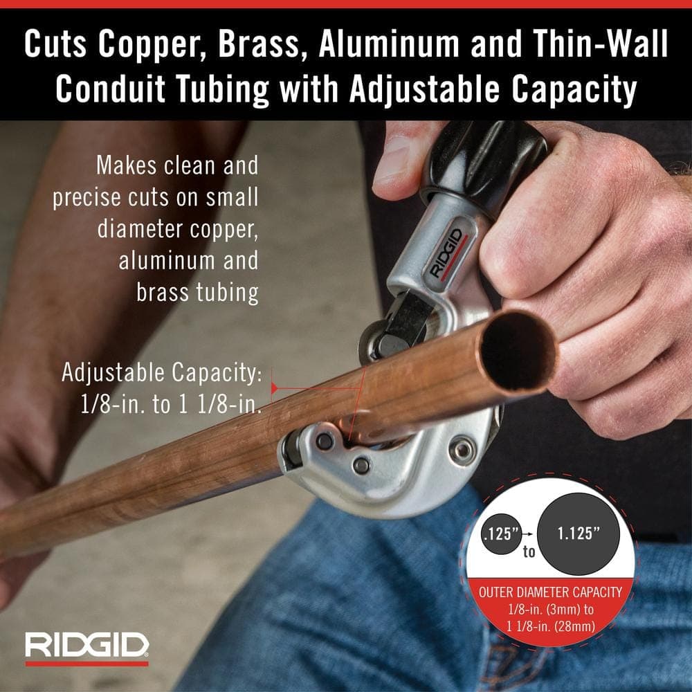 RIDGID 1/8 in. to 1-1/8 in.150 Constant Swing Copper Pipe & Stainless Steel Tubing Cutter w Easy Change Wheel Pin + Spare Wheel (3)