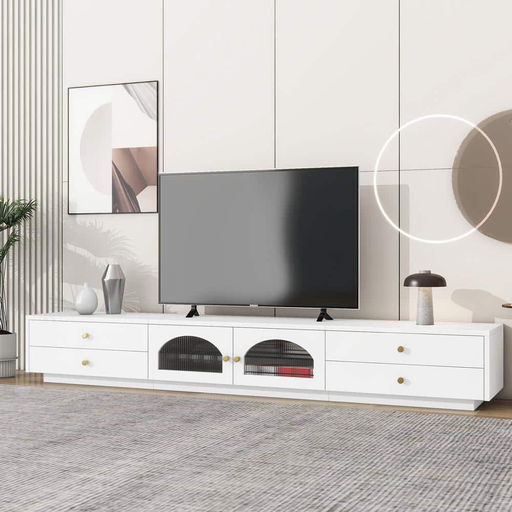 Unbranded 86.6 in. W x 15.7 in. D x 12.8 in. H White Linen Cabinet with 2 Glass Doors, TV Stand Fits TV up to 90 in. (2)