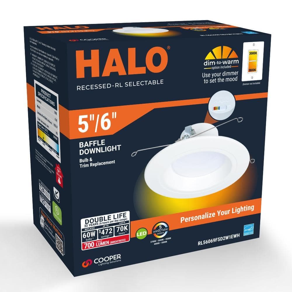 HALO 1-pack RL56 Series 5/6 in. recessed LED retrofit module, adjustable CCT Integrated LED Matte White, 600 Lumens (3)
