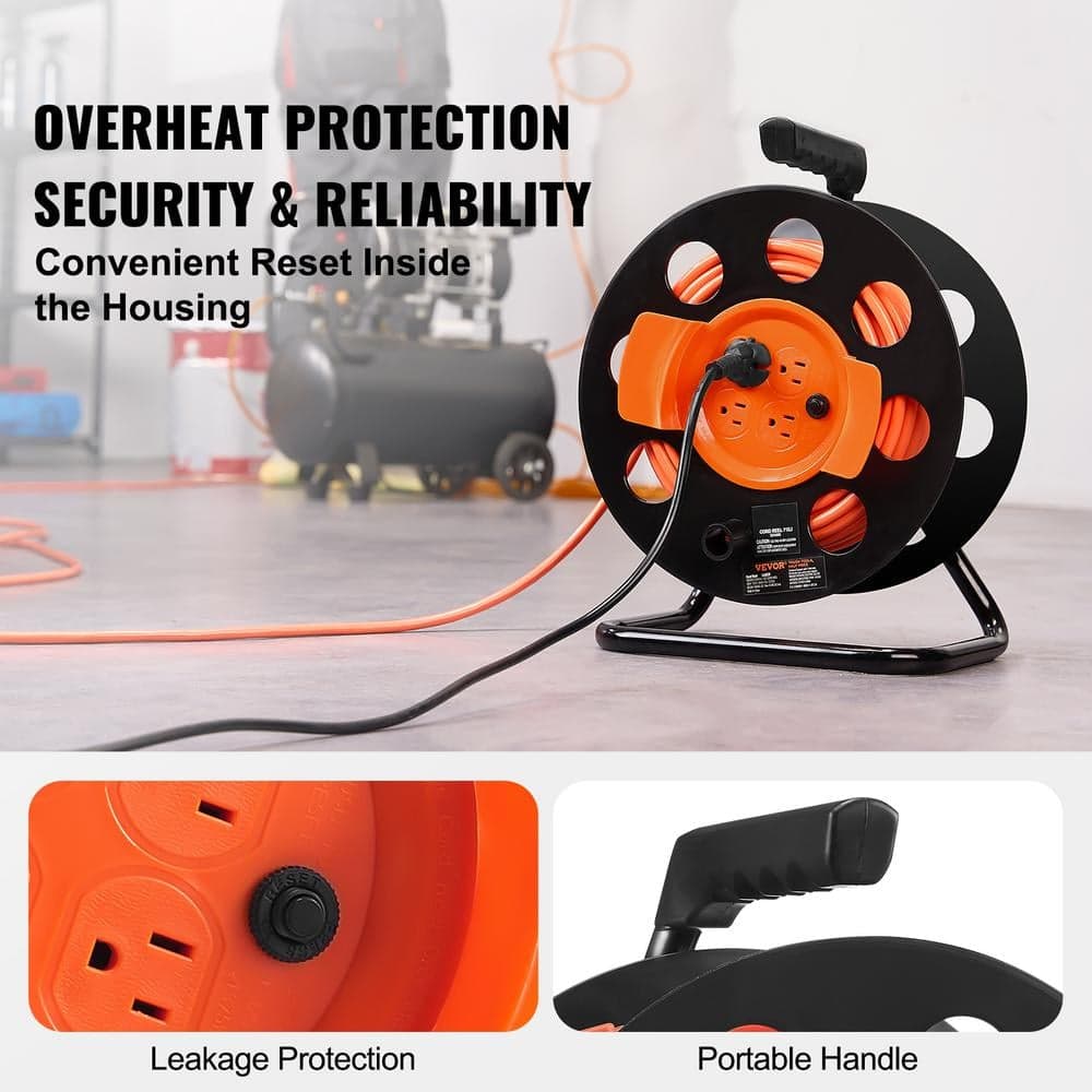 VEVOR 100 ft. 14AWG/3C 13 Amp Extension Cord Reel SJTOW Power Cord with 4 Outlets, Dust Cover, Handle Circuit Breaker for Home (3)