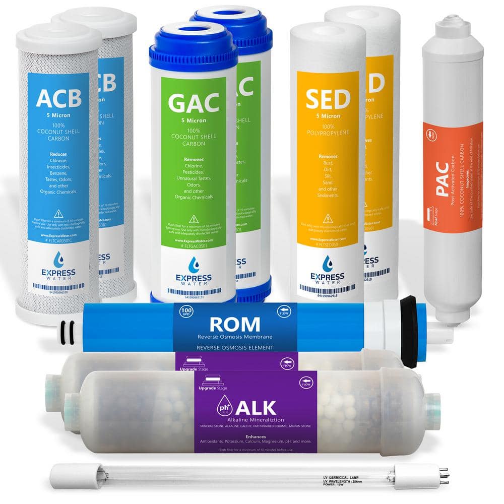 Express Water 1 Year Reverse Osmosis Alkaline UV System Full Replacement Filter Set - 11 Total Filters With 100 GPD Membrane