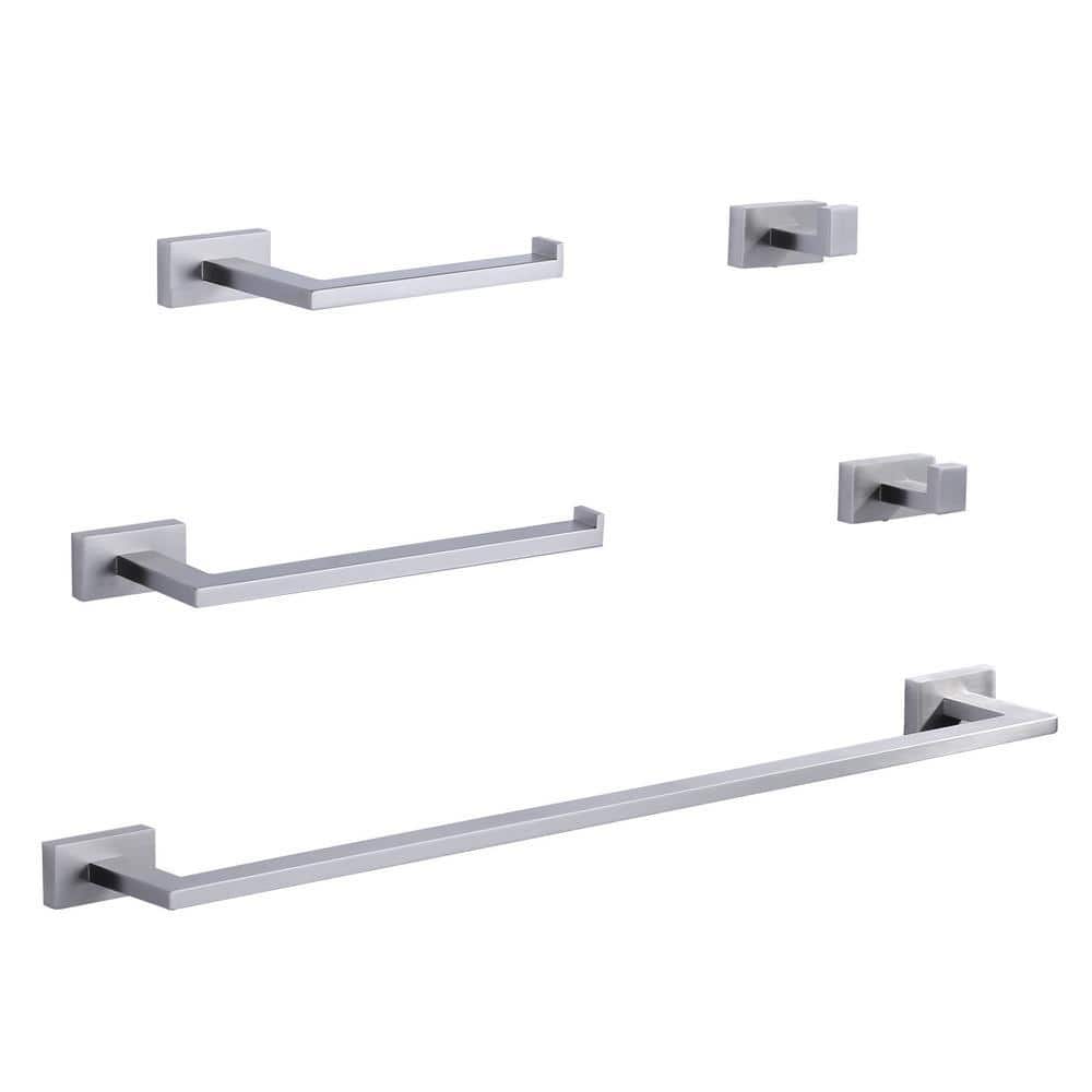 IVIGA Stainless Steel 5-Piece Square Bath Hardware Set with 2-Towel Bars, 2-Hooks and Toilet Paper Holder (1)