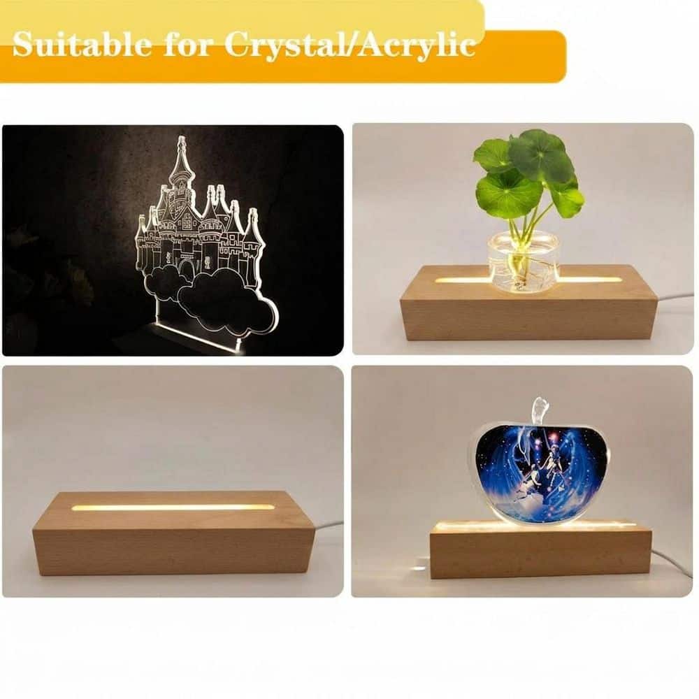 Unbranded 2 Pack Rectangle LED Wood Finish Display Base Warm Light Stand for Crystal Glass Acrylic Art Night Light (2)