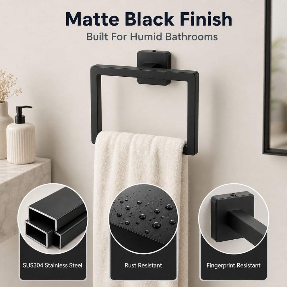 Wudkey 5-Piece Bathroom Hardware Set with Towel Bar, Toilet Holder, Towel Ring & Hooks in Matte Black (3)