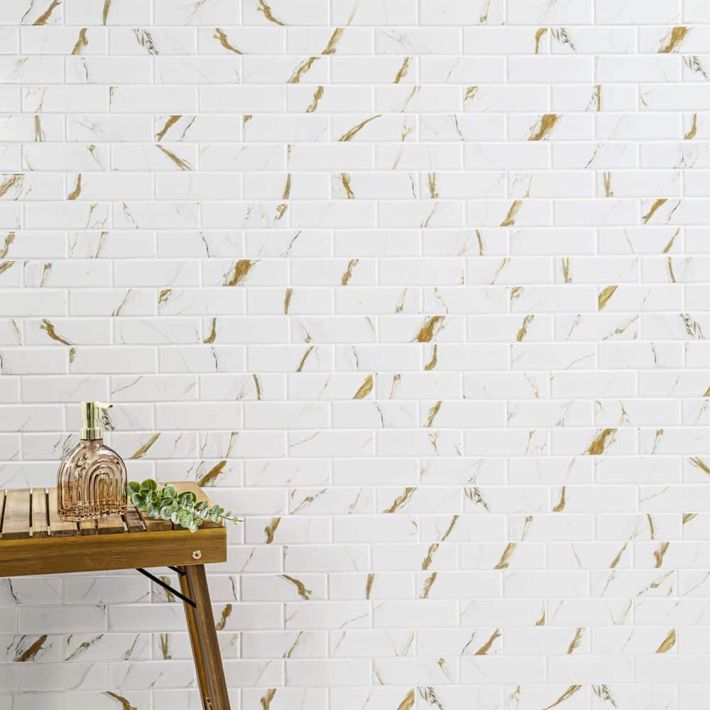MSI Calacatta Gold Subway 12 in. x 12 in. x 0.24 in. Matte Porcelain Mesh-Mounted Mosaic Tile (0.93 sq. ft./Each) (4)