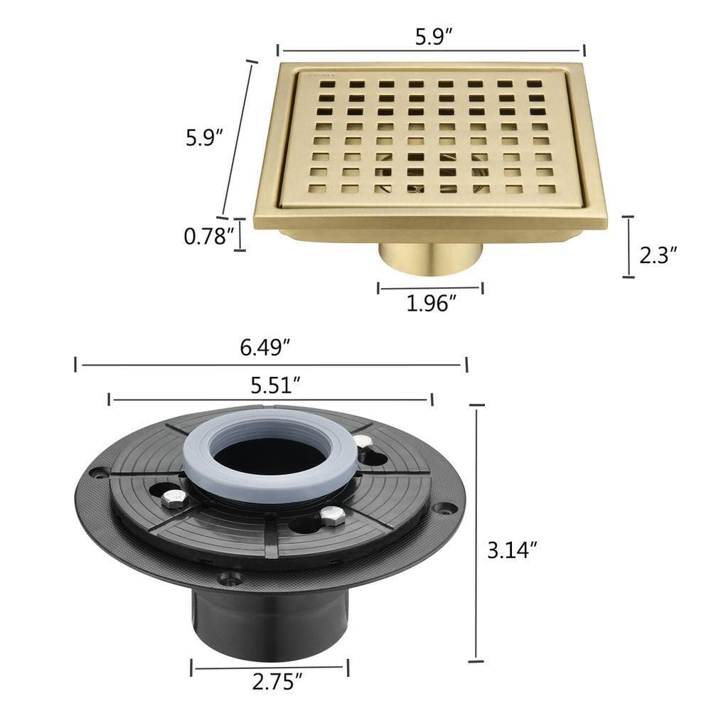 FORCLOVER 6 in. x 6 in. Stainless Steel Square Shower Floor Drain in Brushed Gold (3)