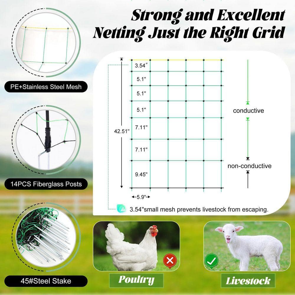 KIWDZFU Electric Fence Netting 42.5 x 164 ft. PE Portable with 14-Double Spiked Posts for Goats Sheep Ranches Farms (2)