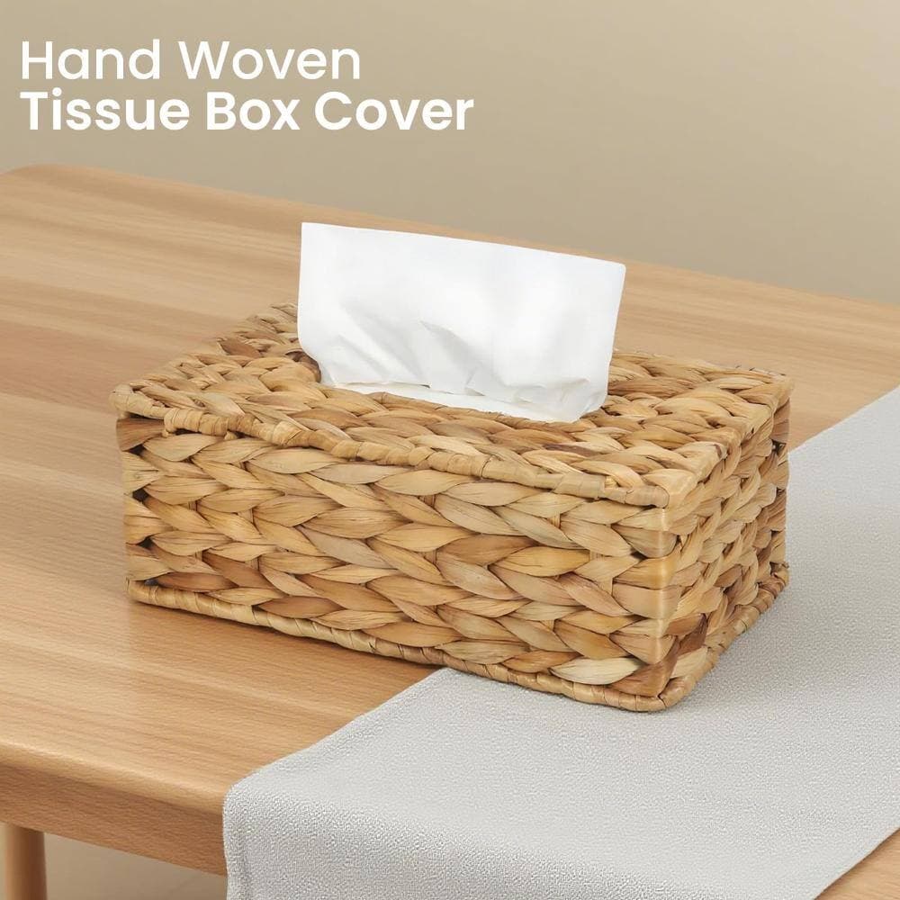 Unbranded Handwoven Water Hyacinth Rectangular Tissue Box Cover Eco-Friendly Sustainable Woven Holder Natural Tone (2)