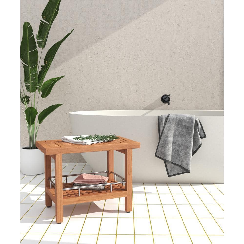 AquaTeak Patented 24 in. x 14 in. Grate Freestanding Teak and Stainless Shower Bench with Shelf (3)