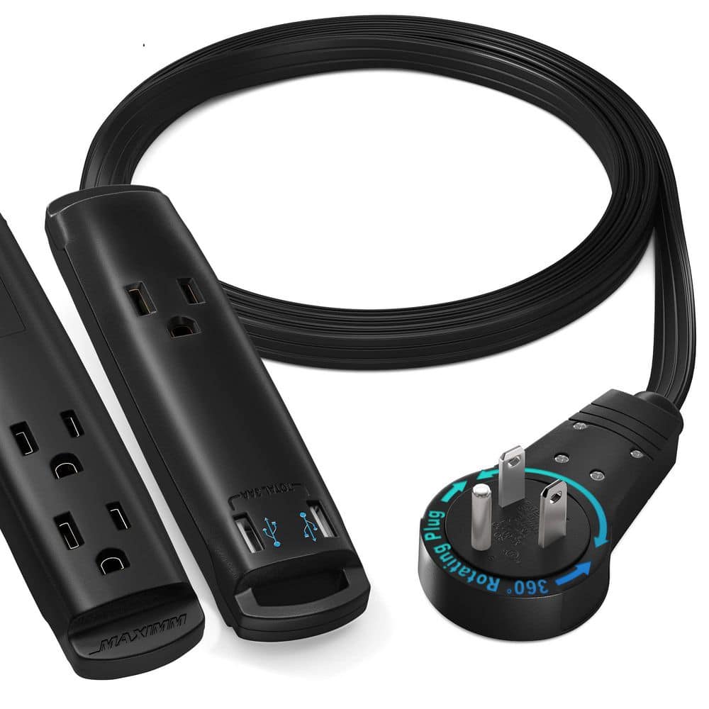 MAXIMM 3 ft. 16 / 3 Light Duty Indoor Extension Cord with 360° Rotating Flat Plug and USB 3-Outlet Black (1)