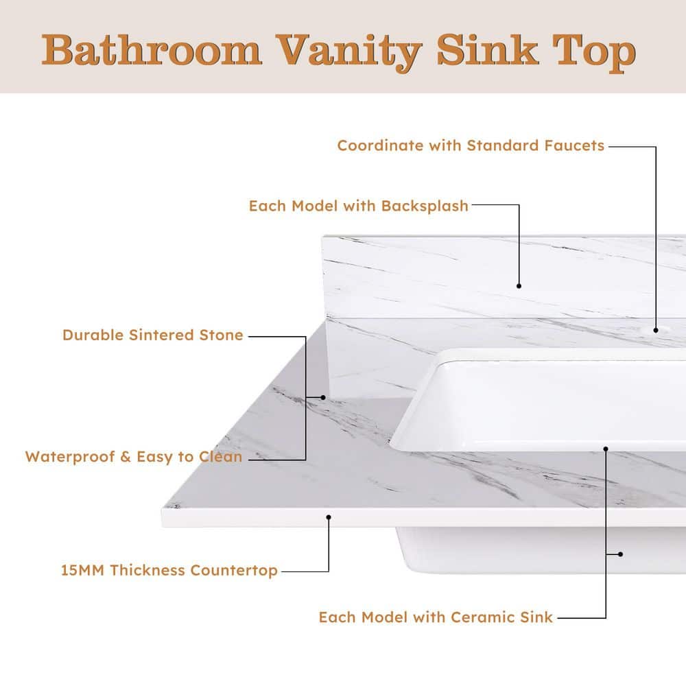 TCYO 37 in. W 22 in. D Engineered Stone Rectangular Single Sink Bathroom Vanity Top . (3)