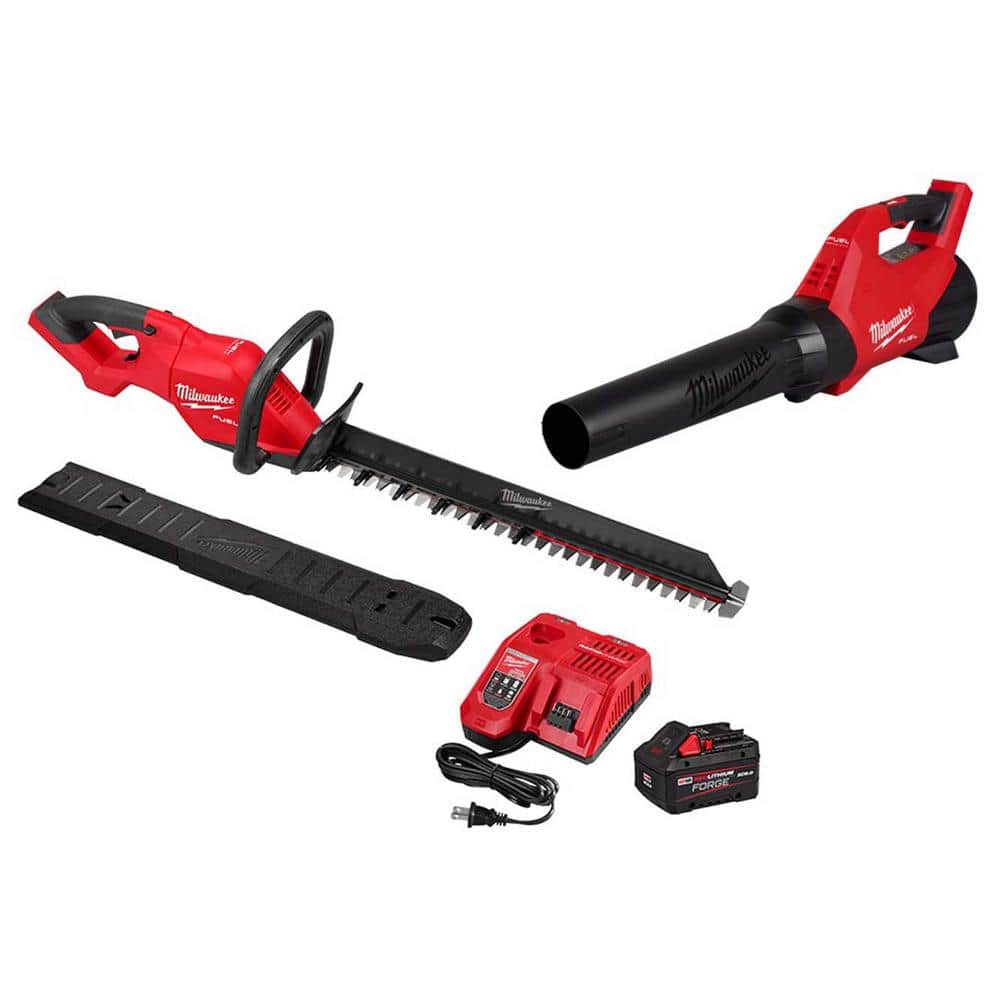 Milwaukee M18 FUEL 18V 24 in. Brushless Cordless Battery Powered Hedge Trimmer Kit w/ Blower, 8.0 Ah FORGE Battery, Charger
