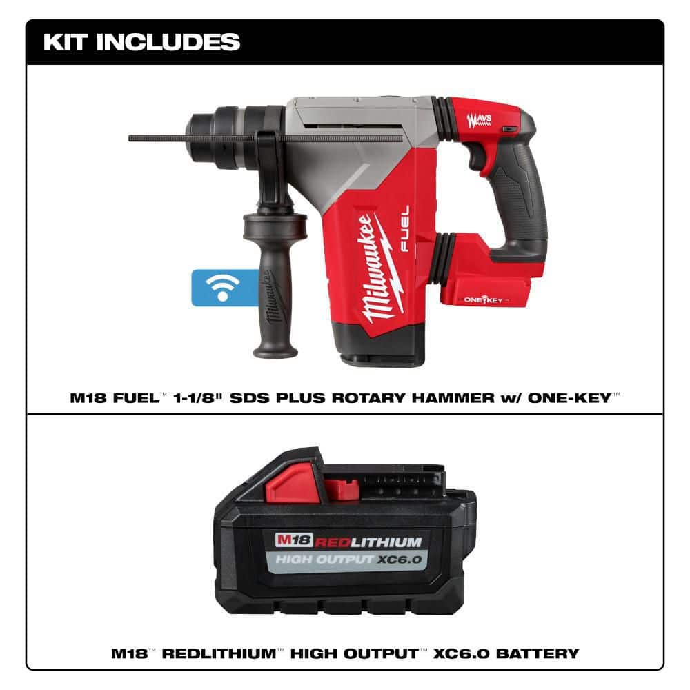 Milwaukee M18 FUEL 18V Lithium-Ion Brushless Cordless SDS-Plus 1-1/8 in. Rotary Hammer Drill with (1) 6.0 Ah Battery (2)