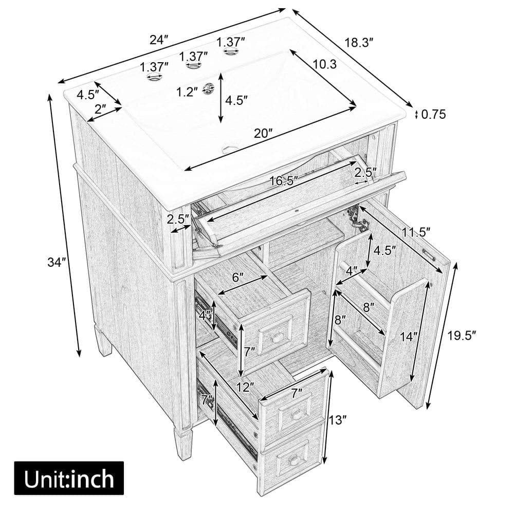 Unbranded New White 24 in. Ceramic+Wood Bathroom Sink with Vanity Cabinet, Flip-Out Drawer and 1-Doors, Bathroom Vanity (2)